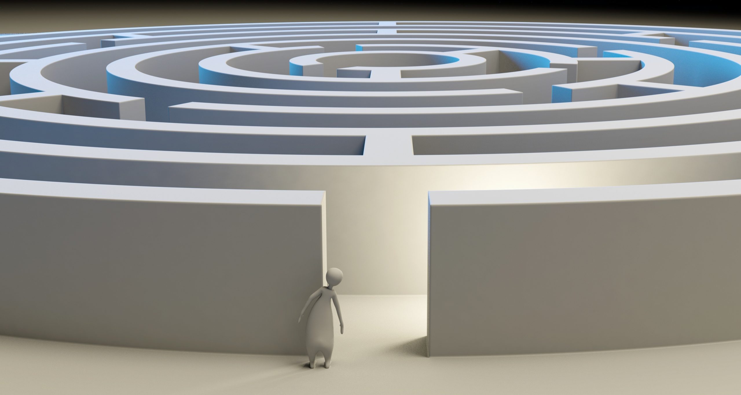 A figure peering into an extensive maze.