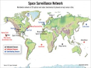 The image displays the worldwide locations of the Air Force Satellite Control Network (AFSCN), a crucial component of the United States Air Force's satellite operations. The AFSCN consists of Satellite Operations Centers (SOCs) located at Schriever Air Force Base near Colorado Springs, Colorado, and various other locations across the continental United States. These SOCs operate around the clock, managing the command and control of their assigned satellite systems. The network is connected to remote tracking stations (RTSs) positioned globally, serving as the crucial link between the satellites and the SOCs. This distributed network ensures effective satellite communication, tracking, and control capabilities for the Air Force.