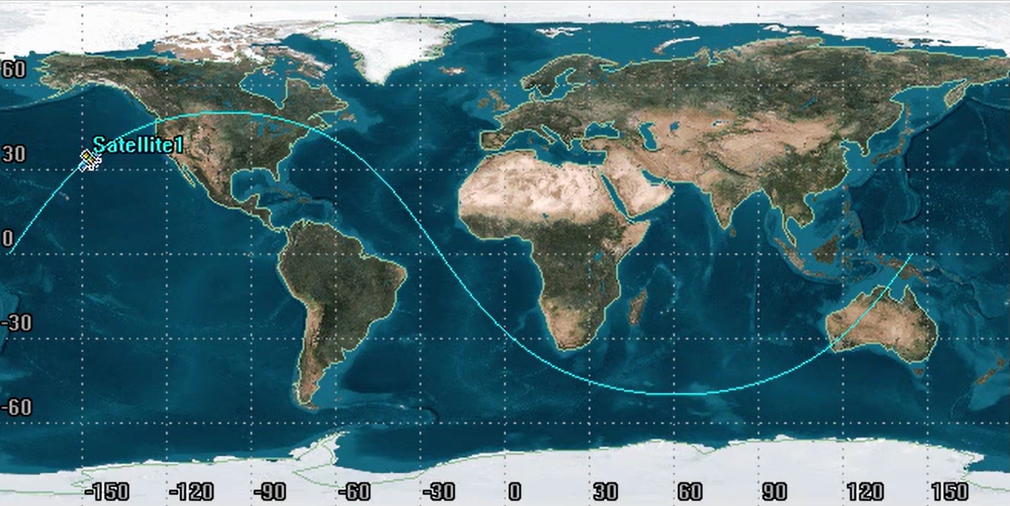 Upon closer examination, it is evident that the ground track in the figure above is not both line and hinge symmetric. This orbit does not exhibit perfect symmetry characteristics, indicating that it is not a circular orbit. The absence of both line and hinge symmetry suggests a non-zero eccentricity (e) for this orbit.