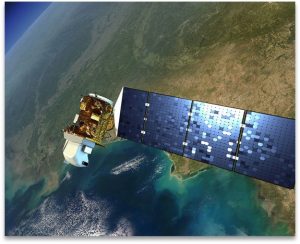 An artist's rendering shows the Landsat satellite in orbit around Earth. The image provides a unique perspective on the beauty and complexity of Earth's atmosphere and geography.