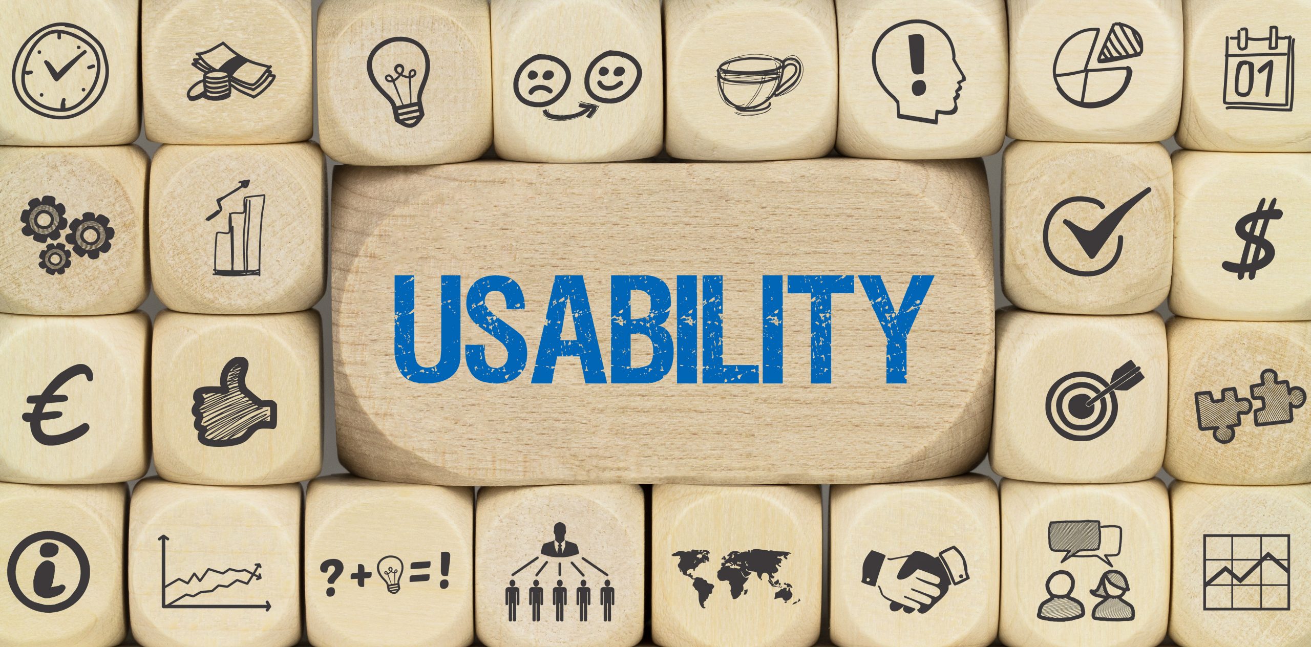 The word "usability" is pictured on a rubber stamp; other rubber stamps with a variety of icons are also pictured.