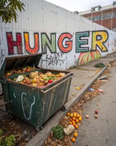 Contrasting scene of rotting food and graffiti ‘hunger in urban dumpster visual impact of waste and need urban environment ground level viewpoint