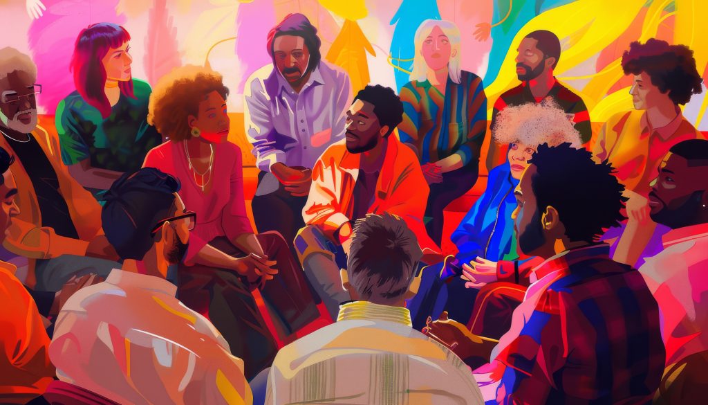 A Third Space filled with multigenerational group of people of different ethnicities sitting in a community space like a Third Space, Inclusive, Diverse, Connection, Cross-Cultural Harmony, Shared Connections
