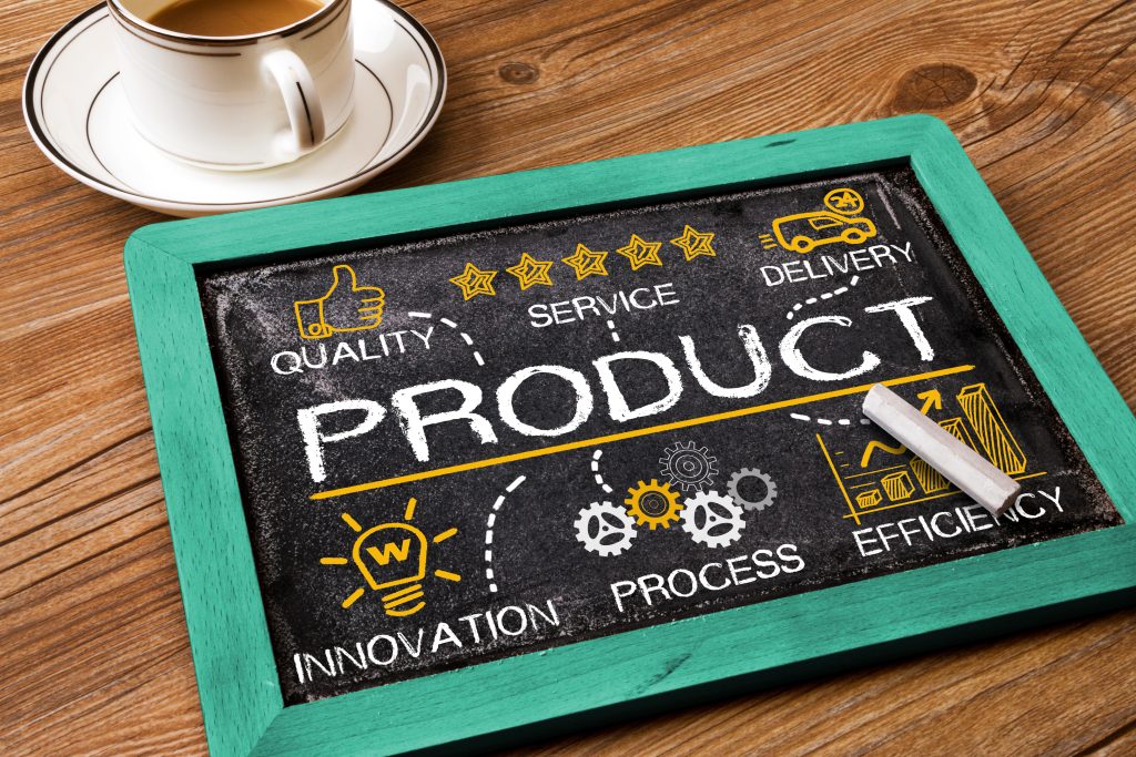 product concept with business elements on blackboard