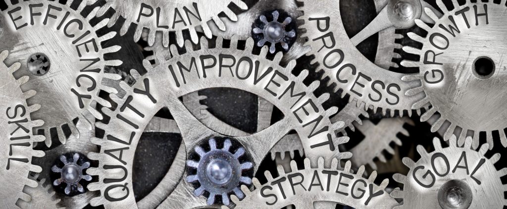 Photo of gears with words "Quality Improvement" etched on them