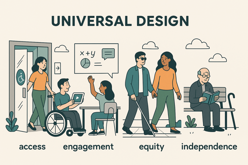 Principles of universal design, including access, engagement, equity, and independence