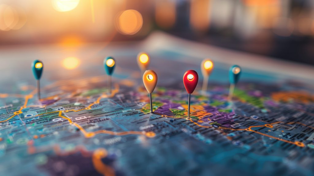 Colorful pins on city map with blurred background, possibly representing locations or destinations
