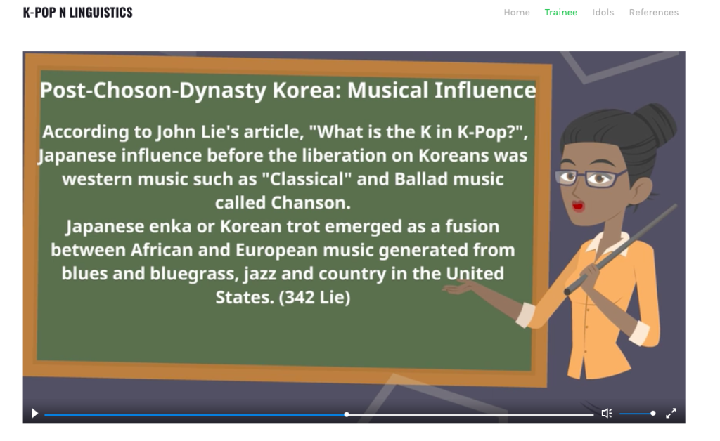 Figure 6. A screen shot of a student’s video that illustrates her use of scholarly content. Video shows an animation of a teacher standing at a chalkboard. On the chalkboard, there is text explaining the musical influences on Post-Choson-Dynasty Korea. (Permission to use this image was obtained from the student).