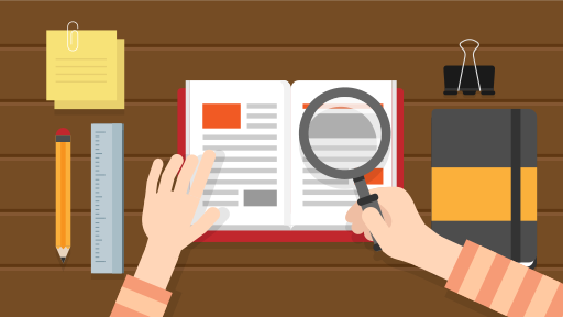 illustration showing the top of a desk with a book open and hands holding a magnifying glass above the book to search it, while a pencil, post-it notes, ruler, binder clip and notebook wait on the sides