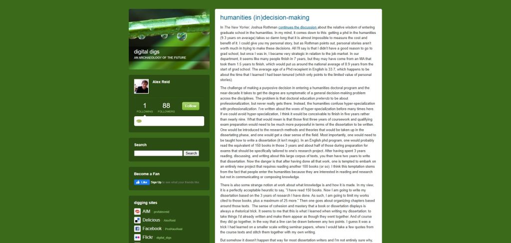 Figure 2: Screenshot of the author's old blog, Digital Digs, showing its last post on May 2, 2013 and revealing the sidebar he describes.