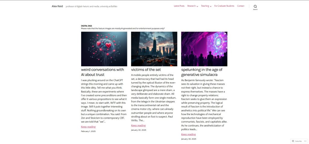 Figure 3: Screenshot of the author's current WordPress Digital Digs blog (taken February 5, 2025) showing the site's minimalist design (no sidebar), a brief professional bio description at the top, and preview paragraphs of his three most recent posts: one from February 1 and two on January 30, 2025.