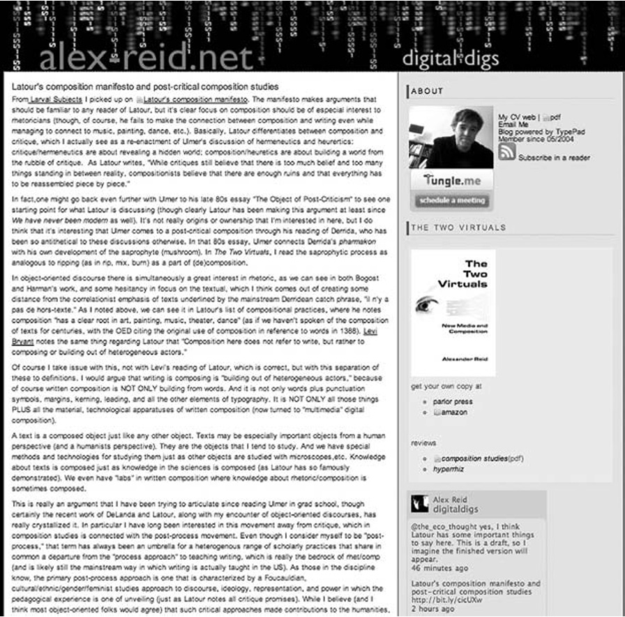 Figure 5: A screen capture of my current blog, www.alex-reid.net. [Editor's Update: This URL no longer works, so the image here is taken from the original black-and-white Writing Spaces article and offers insight into how much web design has changed since 2011.]