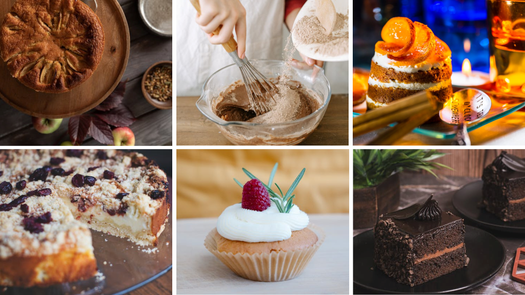 six photos show five very different cake combinations as well as one photo showing flour being mixed into the cake batter with a whisk