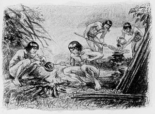 Pen and ink drawing of indigenous South American people preparing curare.