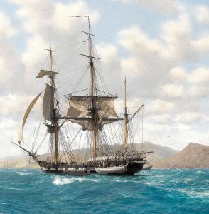 Painting of the HMS Beagle sailing near the Galapagos Islands.