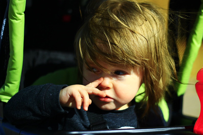 Photograph of a child touching their nose.