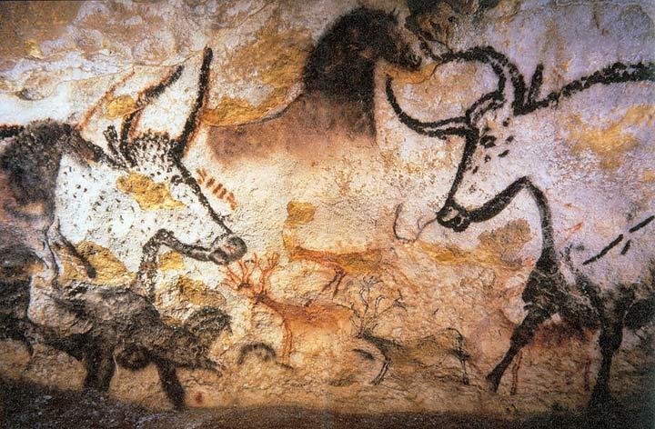 Photograph of the Lascaux Cave Paintings in France - including aurochs, reindeer and horses.