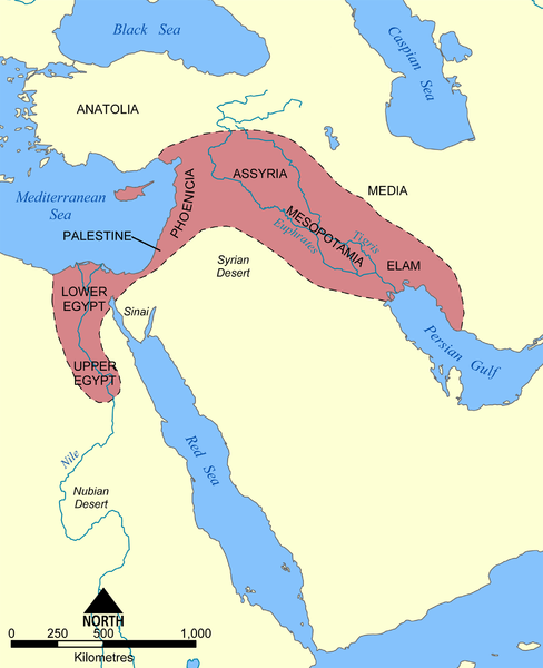 Map showing the Fertile Crescent area which includes land along and between the Tigris and Euphrates rivers in Mesopotamia and land along the Nile in Egypt.