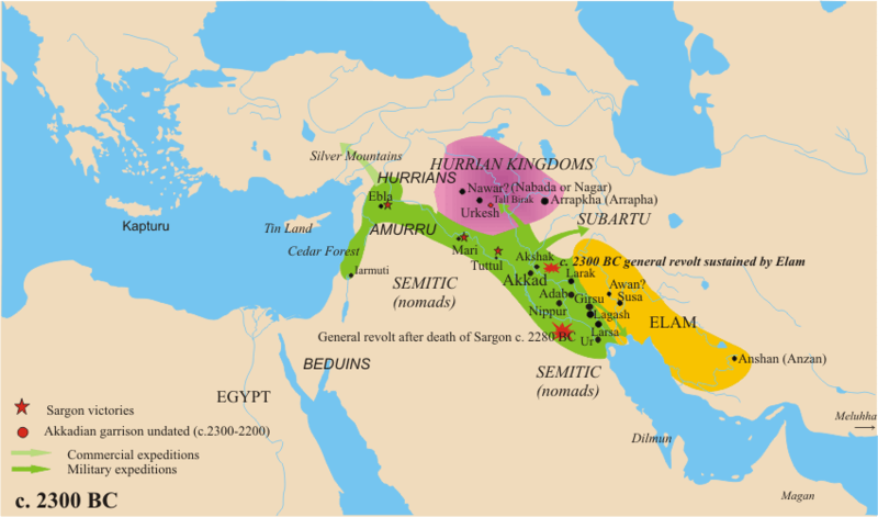 Map shows Mesopotamia with Sargon’s victories marked at Tuttul, Mari, and Ebla which expanded his control from the southern area of the Tigris and Euphrates rivers up towards the Mediterranean.