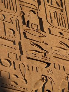 Close up of Ancient Egyptian Hieroglyhics inscribed on a wall.