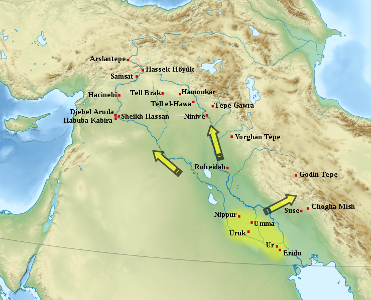 Map of the Middle East showing the expansion of Uruk’s control and influence northwards and eastwards, mainly along the Tigris and Euphrates Rivers.