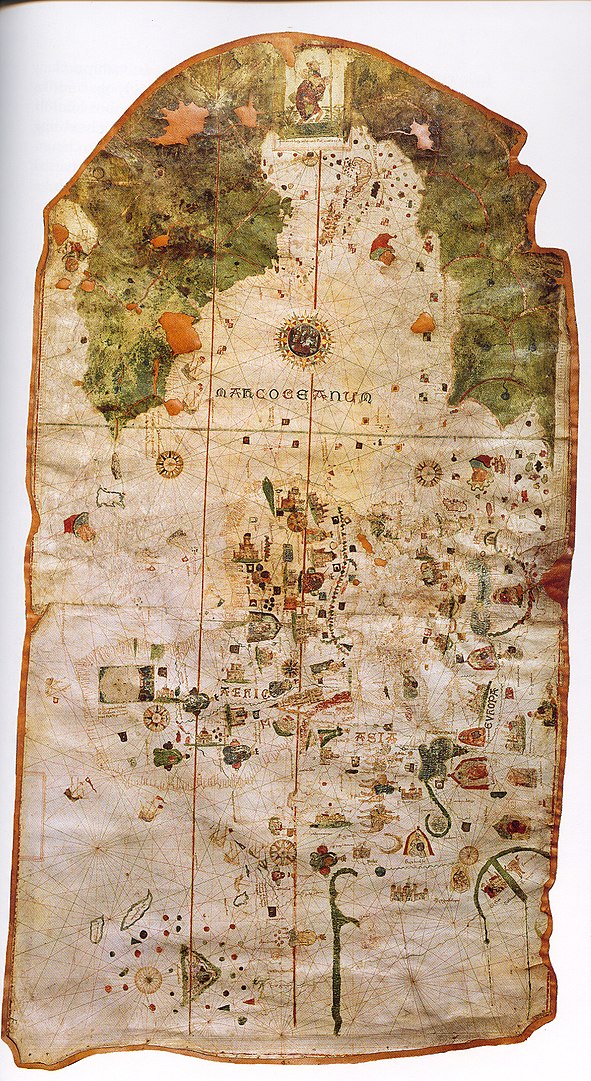 Image of map of the world by Juan de la Cosa with the Americas depicted in a lush green color while the rest of hte map is more subdued. The map is criss-crossed by lines of navigation and costal cities and ports.