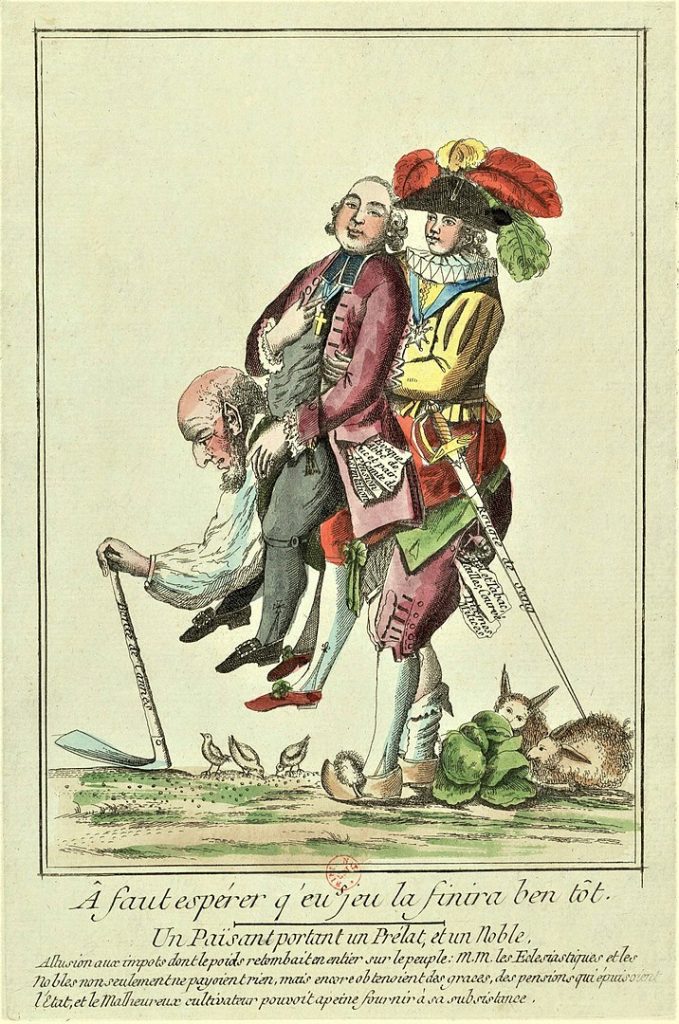 Image of three men, an old man with a cane who appears dressed in peasant clothes is on the bottom and he is carrying two men on his back, a well dressed clery man and a noble.