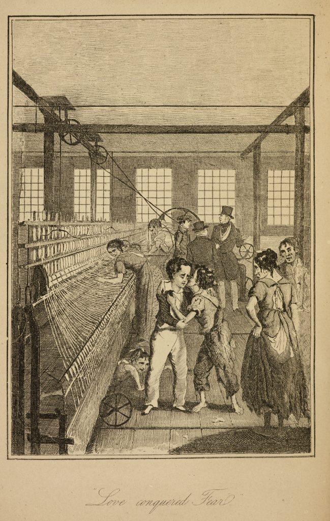 Illustration of two raggedly dressed children hug one another in front of a textile manufacturing machine with stern adults looking on. The children are barefood and appear to be malnourished.