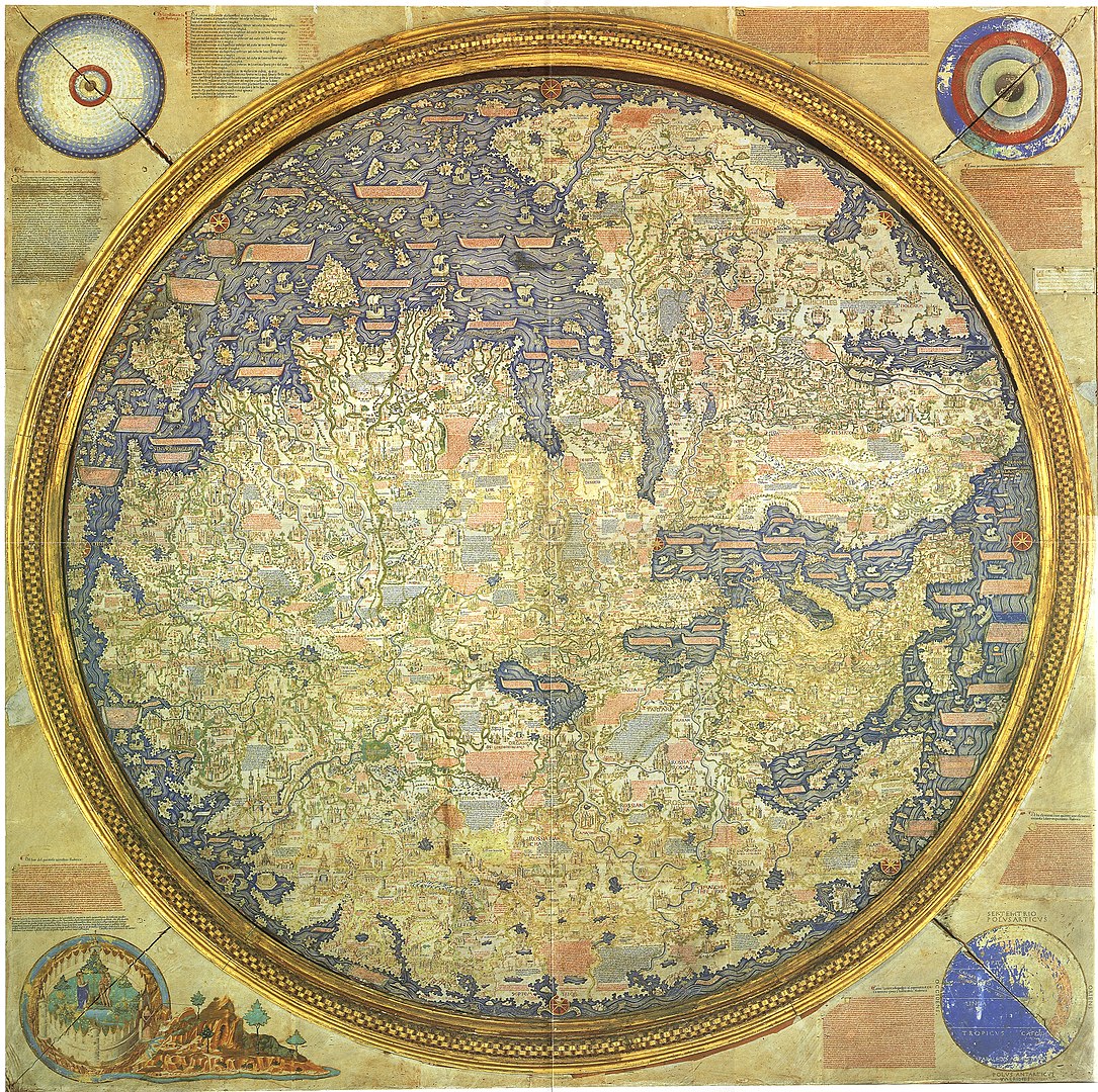 Photograph of a map of the world (around 1450), including Asia, the Indian Ocean, Africa, Europe, and the Atlantic.