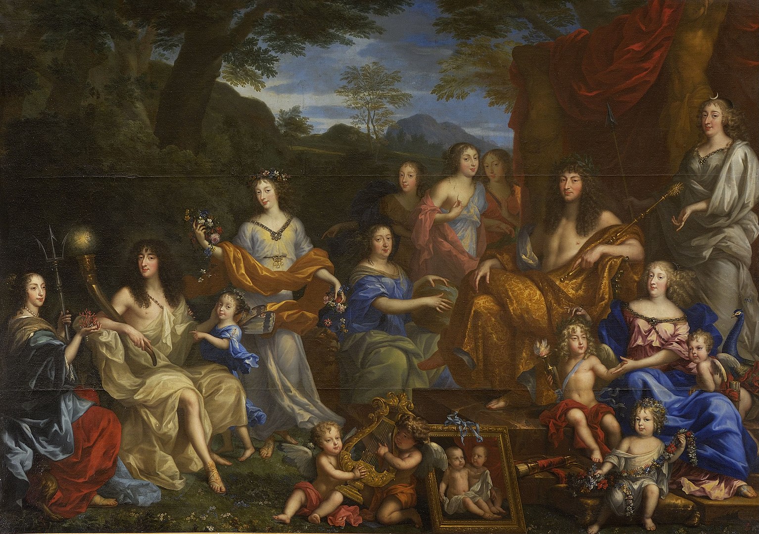 Louis XIV and his family are seated in a pastoral setting and dressed as Greek gods and goddesses. Depicted people: Louis XIV of France as Apollo, Maria Theresa of Spain as Juno, Louis Grand Dauphin as Hymen, Marie Therese Madame Royale, Philippe Charles Due of Anjoy as cupid, Philippe Due of Orleans as Hesperus, Henrietta of England as Flora, Marie Louise d'Oleans as Iris, Anne of Austria as Cybele, Henriette Maria of France as Amphitrite, Anne Marie Louise d'Oleans, Elizabeth Marguerite d'Oleans, and Francoise Madeleine d'Olreans as Charities