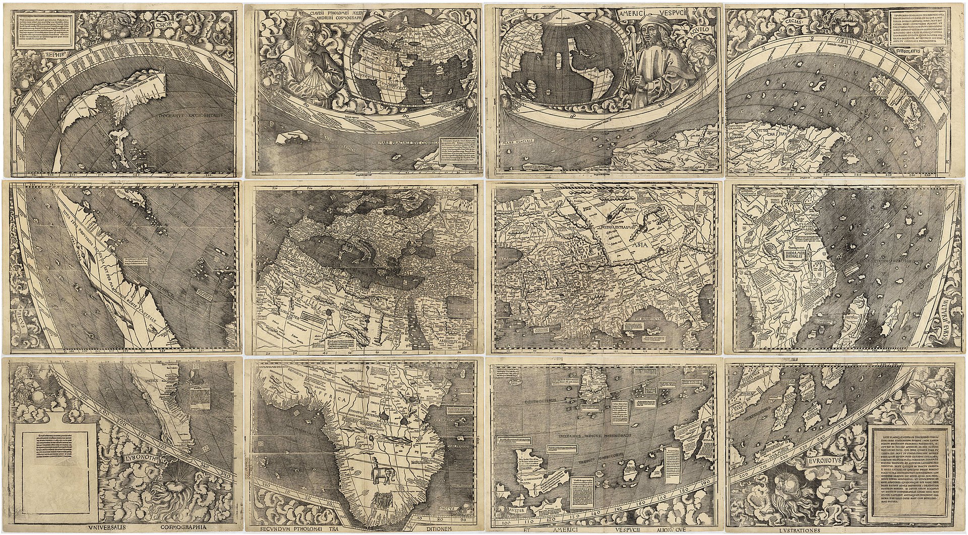 Map depicting the world as known to Europeans in 1507, it is printed on twelve panels that line up to form the map of the world in a grid like pattern.