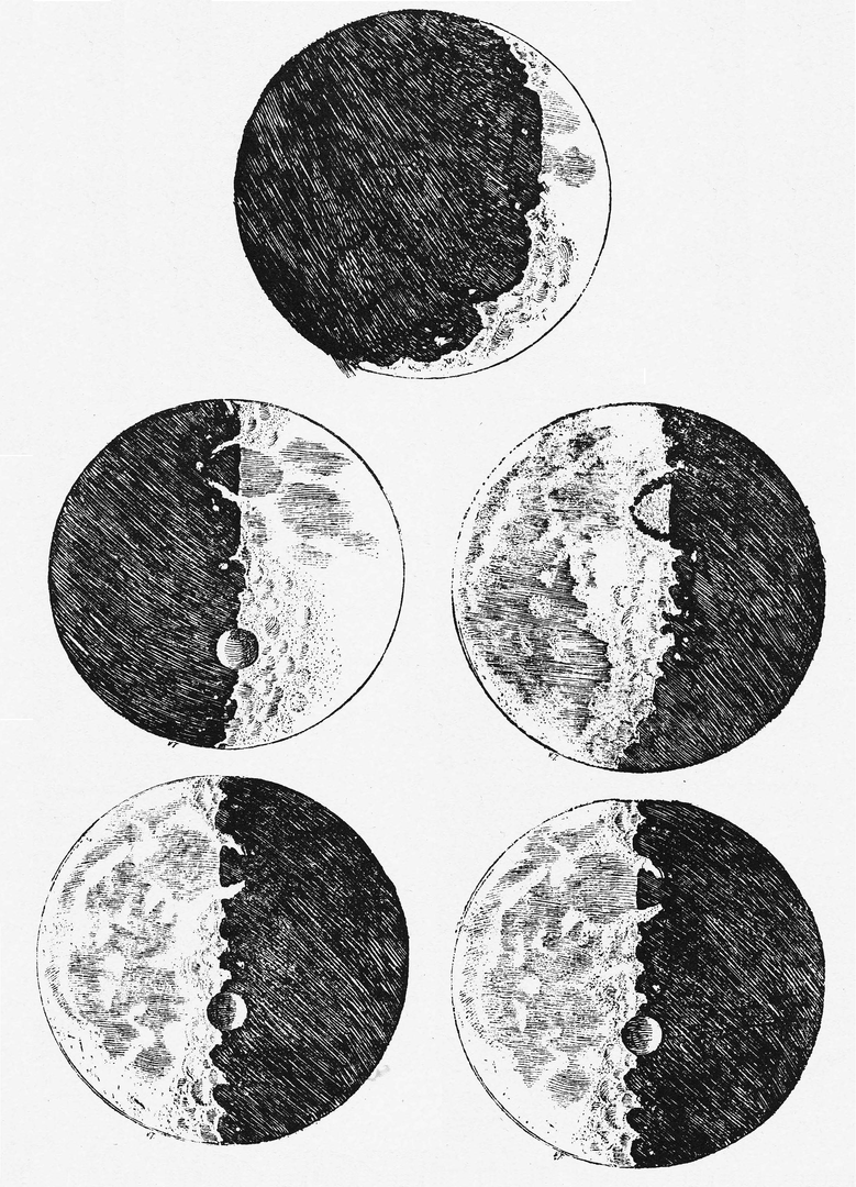 five sketches of the moon showing how light and shadow falls on the craters .