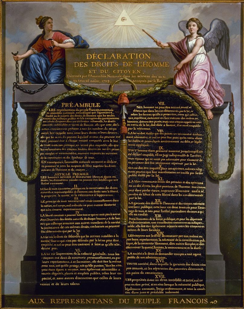 This painting by Jean-Jacques-François le Barbier depicts the allegorical figures of France breaking her chains and Fame under the eye of God sitting on top of the declaration carved in stone. There is a red Phrygian cap (representing liberty), a snake biting its tail (representing eternal unity) and a laural wreath (representing glory) crowning the declaration as well.