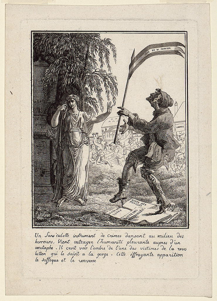 Print shows a sansculotte waving banner labeled "Fête du 21 Janvier" at a female figure labeled "Humanité"; in the background is a scene of murder and mayhem. Satire on the death of Louis XVI.