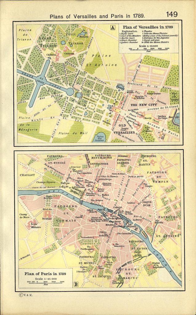 A map labeled "plan of Versailles in 1789" and a map that says "plan of Paris in 1789" showing the boulevards, gardens, layout of waterways, and other landmarks.