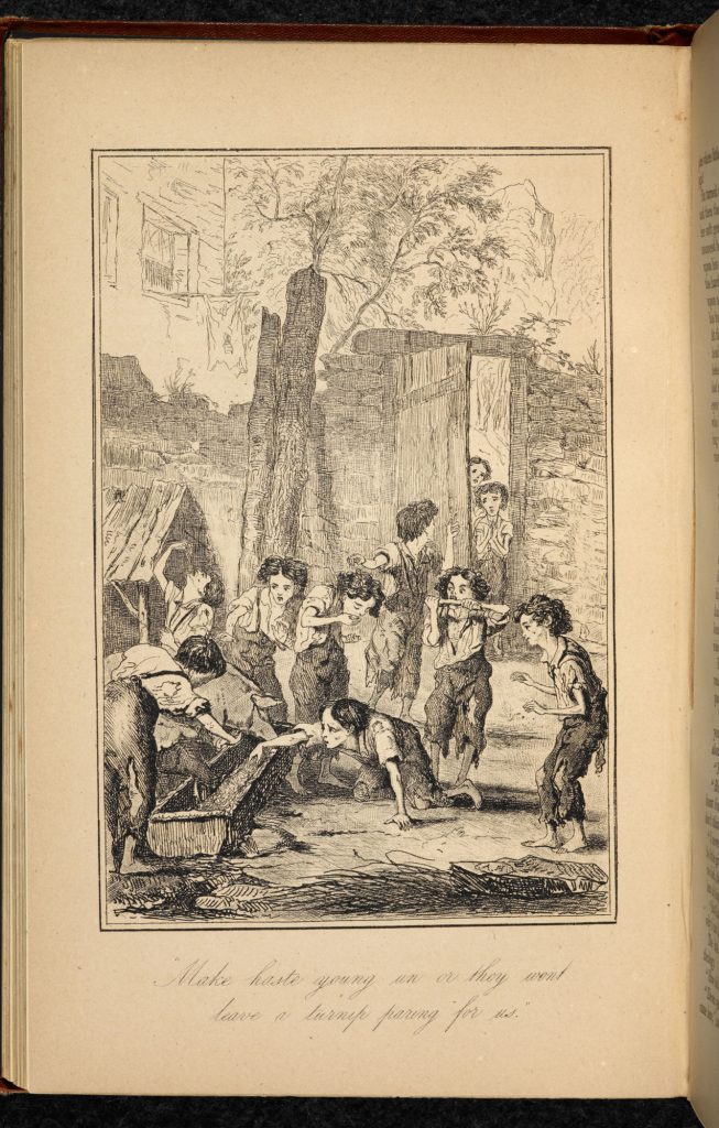 Illustration of a ragged bunch of children picking bits of food out of a pig trough. The caption reads "Make haste young un or they won't leave a turnip paring for us."